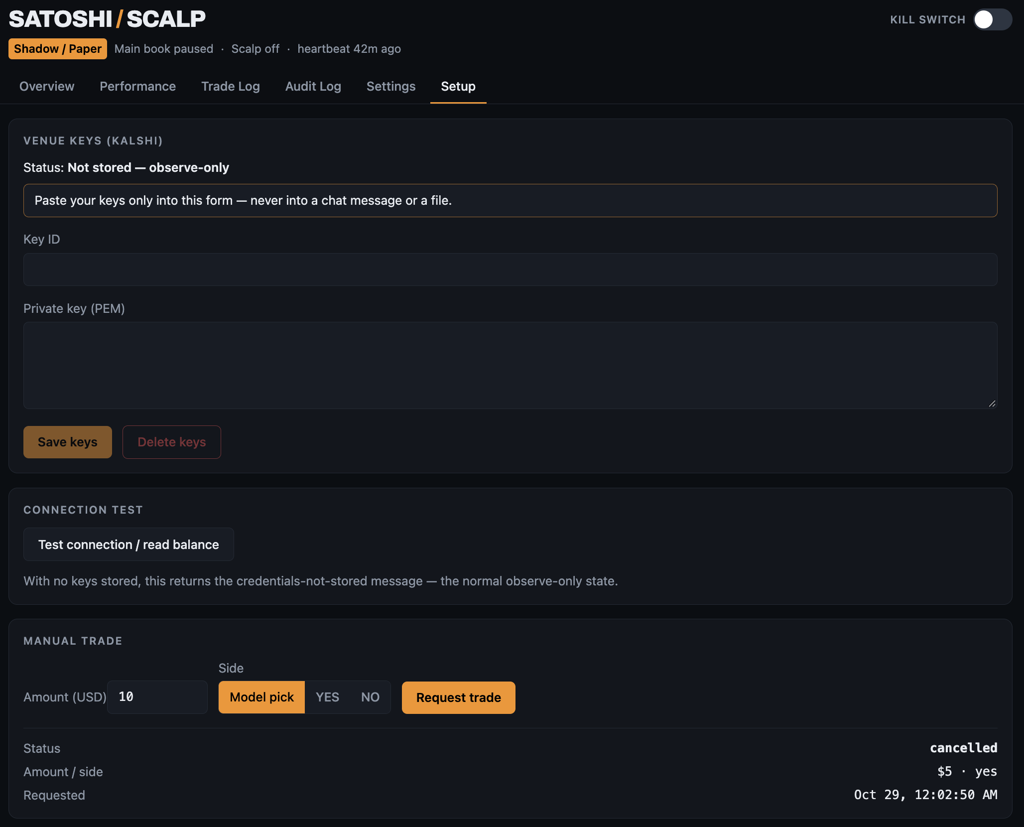 Satoshi Scalp dashboard - Setup tab